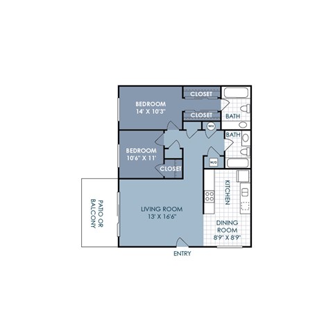 Floor plan for 2 beds, 2 baths, 936 sqft